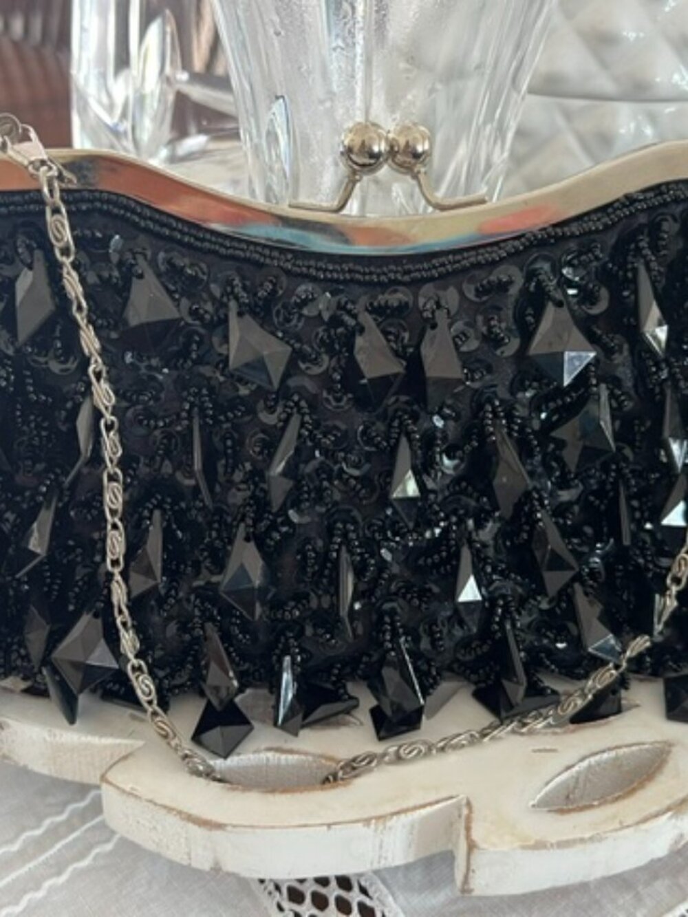 Evening Black Clutch w/ Diamond Shape Dangling Black Gems & Detachable Strap